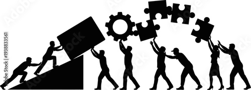 Collaborative team moving gears and puzzle pieces