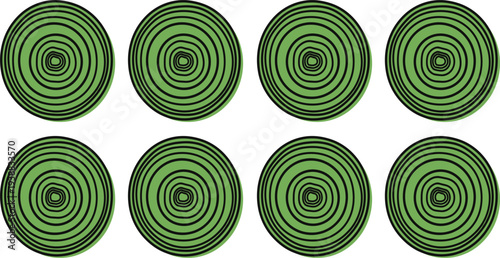 Detailed Set of Eight Green Circular Wood Slice Illustrations Featuring Realistic Concentric Growth Rings and Tree Trunk Texture for Nature Design.