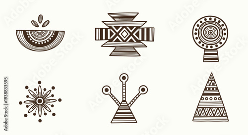 Collection of Six Unique Hand-Drawn Tribal Geometric Symbols.