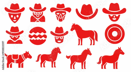 Collection of Red Cowboy Icons and Horse Silhouettes.