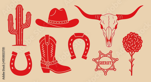 Collection of Western-themed items including a cowboy hat, boots, and a bull skull.