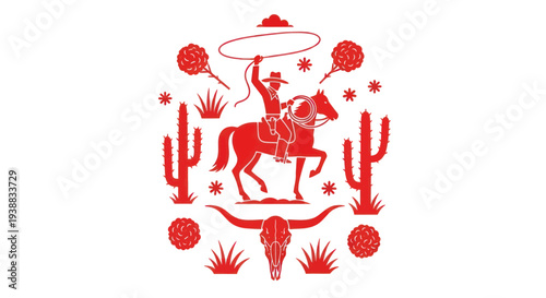 Cowboy Riding Horse with Lasso in Desert Landscape.