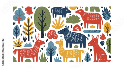 Colorful Folk Art Style Animals and Trees Illustration.