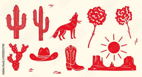 Desert Western Elements Collection Cactus Coyote Sun Hat Boots Landscape.