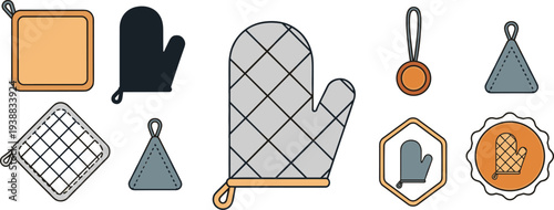Kitchen Oven Mitts and Potholders Cooking Safety Gloves and Accessories Vector Icon Set