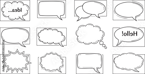 A diverse collection of hand-drawn style speech and thought bubbles with black outlines. Includes clouds, ovals, and jagged burst shapes perfect for comics, social media graphics and creative dialogue