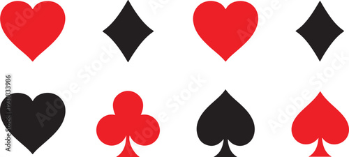 A set of clean, minimalist playing card suit symbols featuring hearts, diamonds, clubs, and spades in traditional red and black colors. Perfect for gaming apps, casino-themed designs, and stationery.