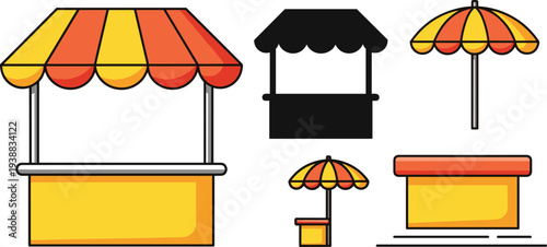 Street Market Stall Kiosk Set with Colorful Umbrella Outdoor Vendor Booth Shop and Marketplace Stand Flat Vector Illustration