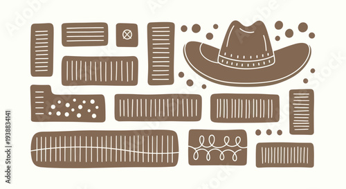 Rustic Cowboy Hat and Western Elements Hand-Drawn Illustration Set.