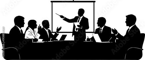 Corporate speaker giving presentation to audience in seminar silhouette