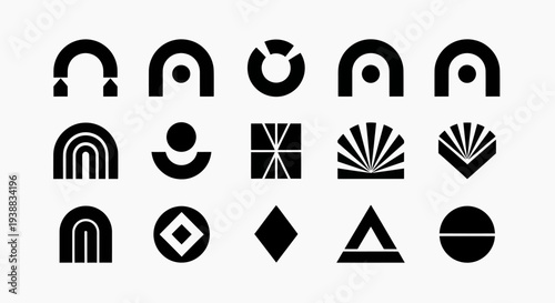 Set of diverse black geometric shapes and abstract elements.