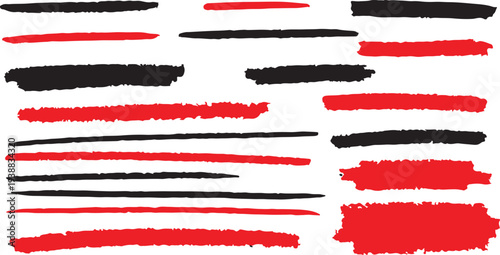 A set of vibrant red and deep black charcoal brush strokes featuring organic horizontal lines, grainy textures, and rough pencil smears isolated on a white background.