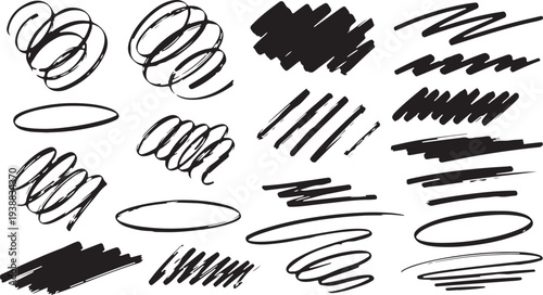 A dynamic collection of black ink marker scribbles, expressive circular swirls, and bold smudge textures perfect for adding an edgy, handwritten feel to designs.