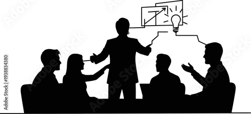 Creative group generating ideas around a lightbulb