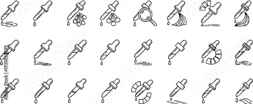 Medical and Science Laboratory Droppers with Liquid Drops Hand-Drawn Black and White Line Art Icon Set for Chemistry, Pharmacy, and Health Concepts