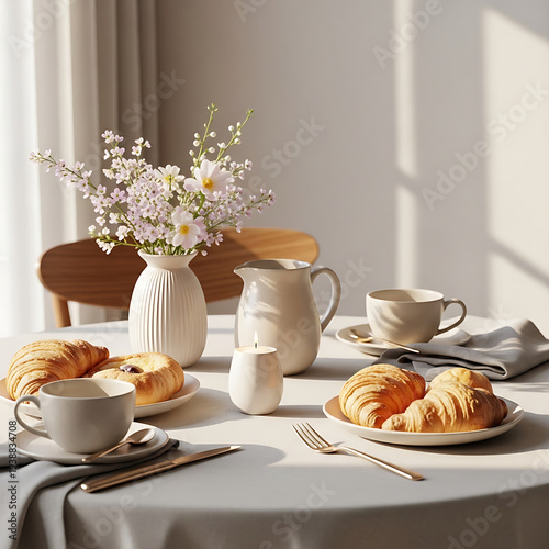 Spring breakfast croissants coffee flowers morning light table setting