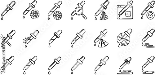 Science and Medical Dropper Line Art Icons Set. Chemistry Laboratory Pipette Outline Symbols for Research, Analysis, and Experimentation.