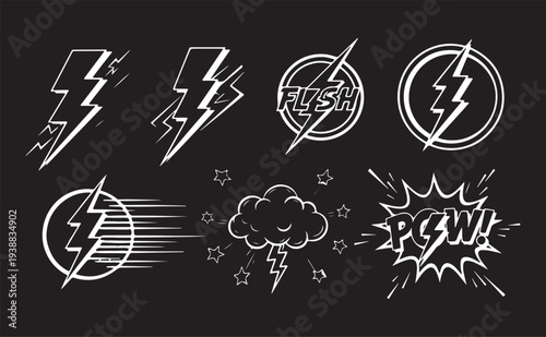 A dynamic set of white-line comic book action graphics featuring lightning bolts, speed circles, storm clouds, and "POW!" explosion bursts on a dark background.