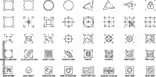 Hand-Drawn Line Art Icons Set for Photography and Graphic Design Software: Crop, Selection, and Image Editing Tools Collection in Black  White