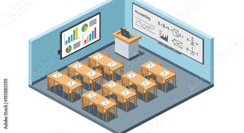 Classroom with Desks and Teachers Desk.