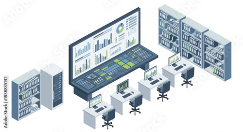Computer servers and workstation setup illustration.