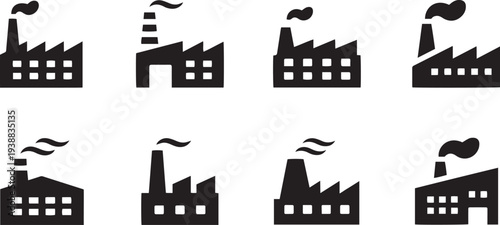 Factory Icons Set. Industrial Plant, Manufacturing Production, Industry Building Line and Flat Icons – Stock Vector.