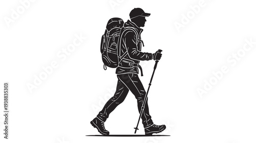 Silhouette of a hiker with a backpack and trekking poles walking outdoors.