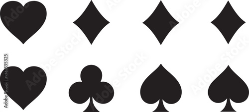 A clean, high-contrast set of classic playing card suit icons including hearts, spades, diamonds, and clubs. These solid black vector symbols are designed for versatility in card game interfaces.