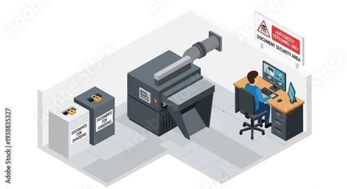 Isometric Office Printer and Worker Illustration.