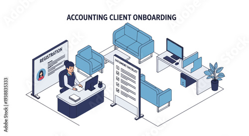 Isometric Office Scene with Accountant Working.