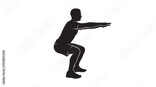 Silhouette of a man performing a bodyweight squat exercise, demonstrating proper form for fitness training.
