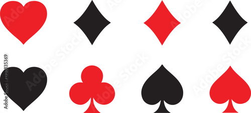 A high-quality collection of classic playing card suit icons including hearts, spades, diamonds, and clubs. Featuring both red and black variations.