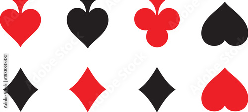 A high-quality collection of classic playing card suit icons including hearts, spades, diamonds, and clubs. Featuring both red and black variations.