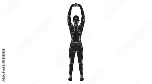Silhouette of a person standing with arms raised overhead, hands clasped, performing a stretch or warm-up exercise against a white background.