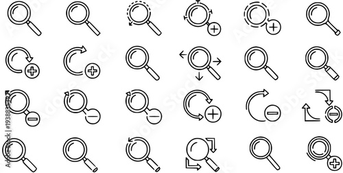 Technology User Interface Magnifying Glass Black and White Outline Icons Set for Search, Zoom, Explore, and Reset Actions.