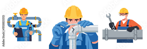 Plumbers working on pipes with transparent background