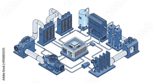 Isometric Industrial System with Central Processing Unit and Connected Machinery.