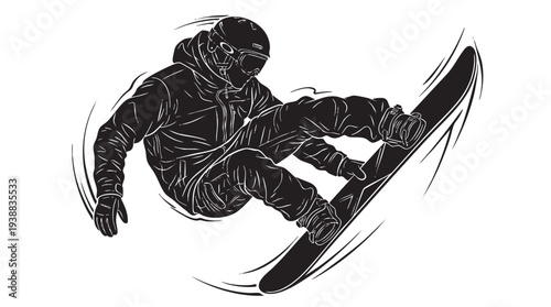 Dynamic black and white illustration of a snowboarder in action, performing a trick on a snowboard with motion lines.