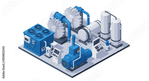 Isometric Industrial Refrigeration System for Cooling and Climate Control.