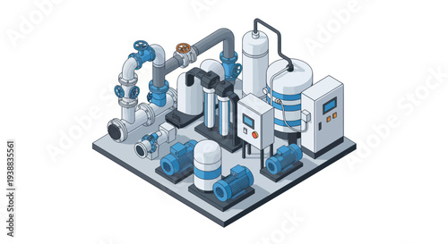 Isometric Industrial Water Treatment Plant Illustration.