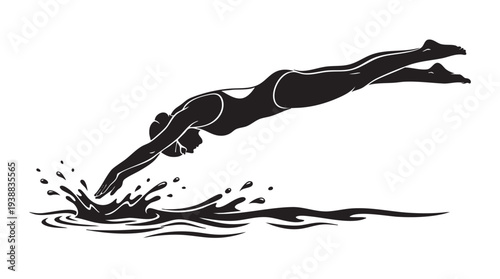 Silhouette of a female swimmer diving into water, creating a splash, in a dynamic black and white illustration.
