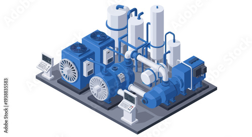 Isometric Industrial Water Treatment Plant with Pumps and Filtration System.