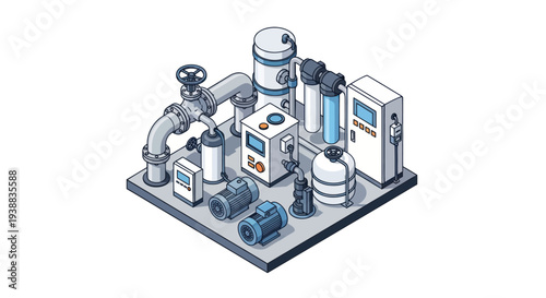 Isometric Industrial Water Treatment System Illustration.