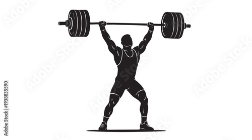 Silhouette of a male weightlifter performing an overhead press with a heavy barbell, demonstrating strength and power in a dynamic pose.