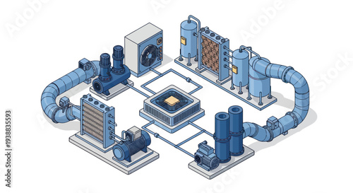 Isometric Industrial Water Treatment and Filtration System Diagram.