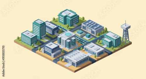 Isometric Smart Cityscape with Modern Buildings and Infrastructure.