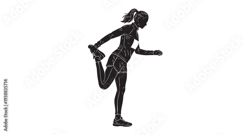 Silhouette of a woman in athletic wear performing a standing quadriceps stretch, isolated on a white background.