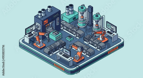 Isometric Smart Factory with Robotic Arms and Automated Production Line.