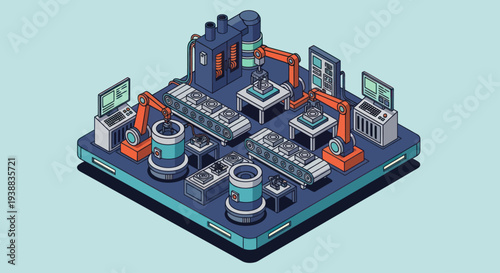 Isometric Smart Factory with Robotic Arms and Conveyor Belts.