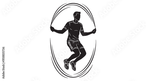 Dynamic silhouette of a person skipping rope within an oval frame, representing fitness and exercise.